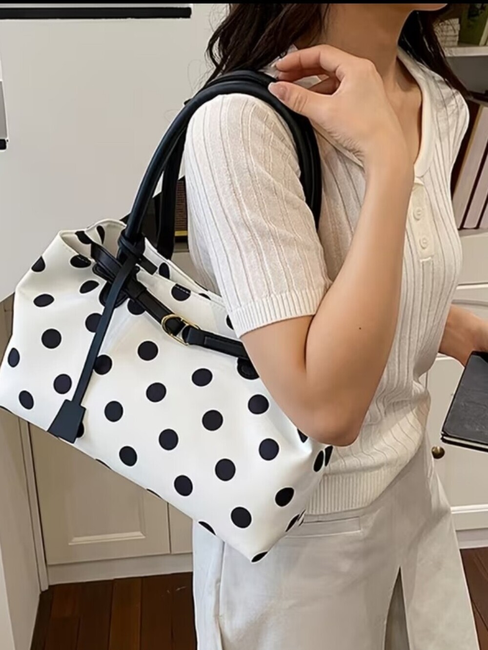 [Polka Dot Tote Bag] Ladies' Crossbody Bag, New Trendy Polka Dot Contrasting Tot - Picture 2 of 5